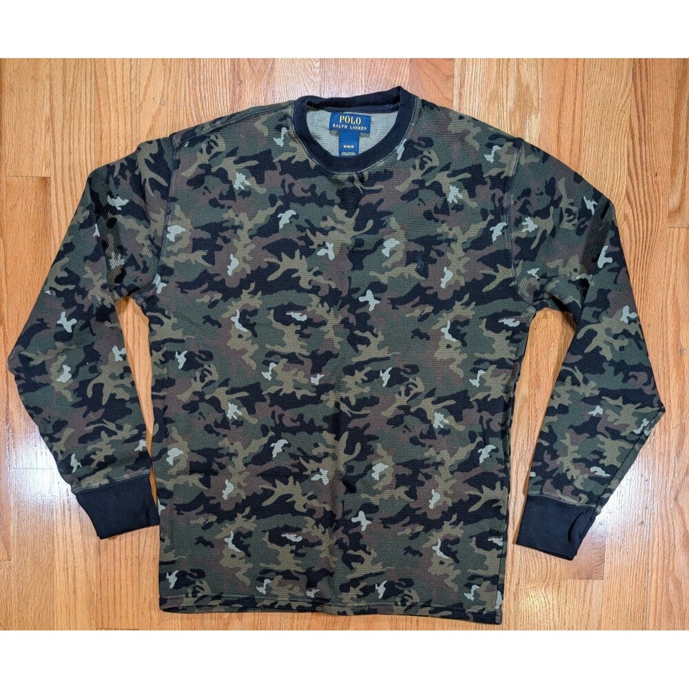 POLO Ralph Lauren Camo Waffle Thermal L/S Shirt Mens Size M Green Black Pony